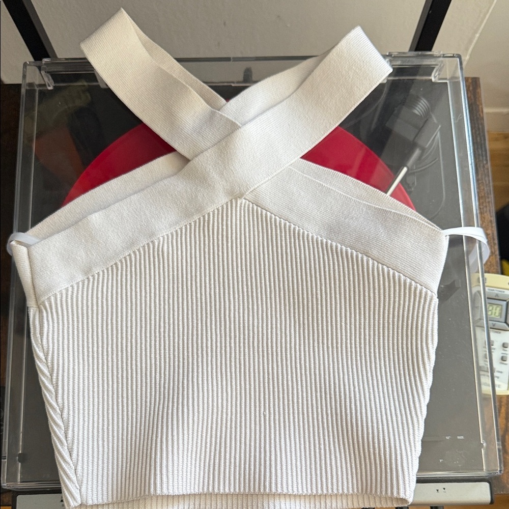 Aritzia White Ribbed Cross-Back Tank Top